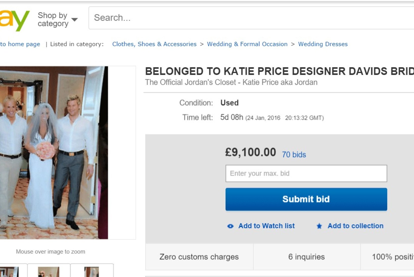 Endine glamuurimodell Katie Price müüb eBay's pulmakleiti