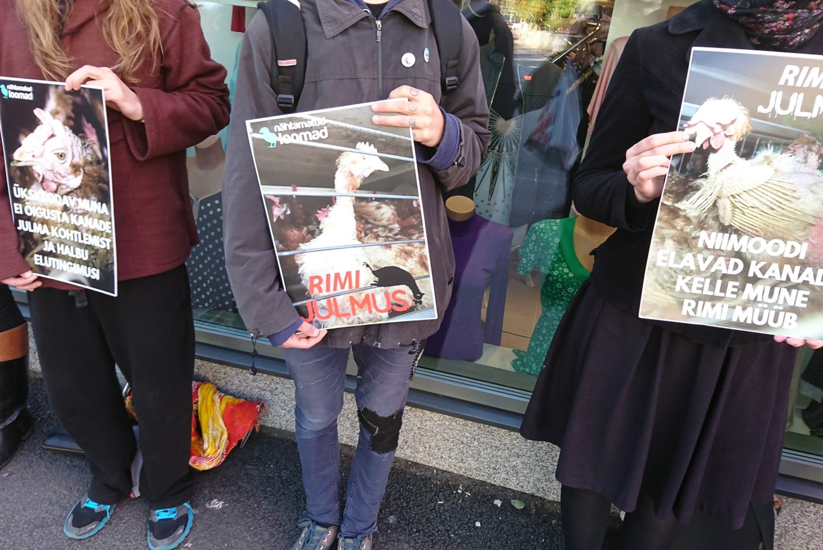 FOTOUUDIS | "Rimi, ära toeta julmust!": loomakaitsjad protestivad poe ees Leedu munade müügi vastu
