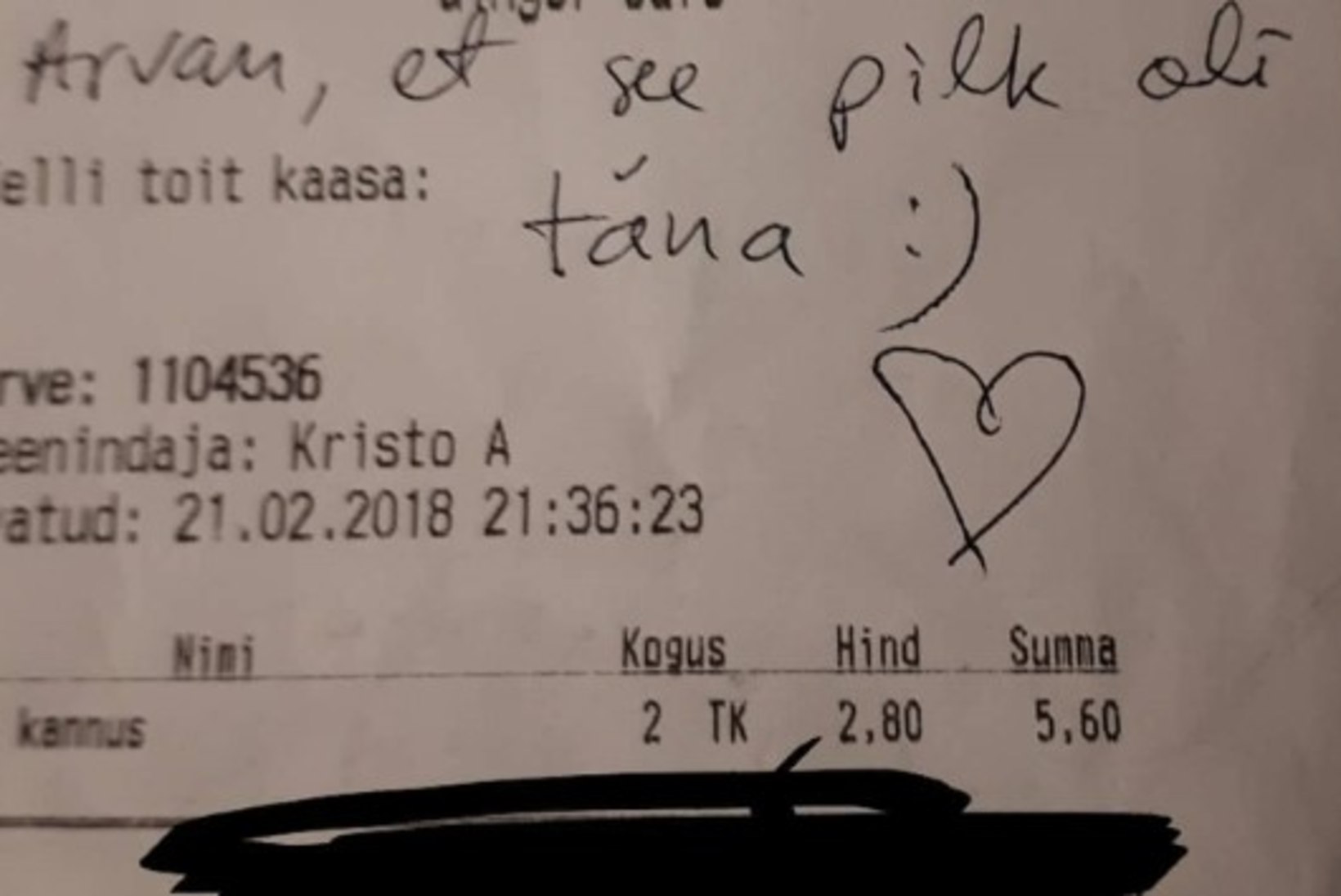 Romantika Tallinna kohvikus: aita leida klient, kes kirjutas teenindajale selle armsa sõnumi!