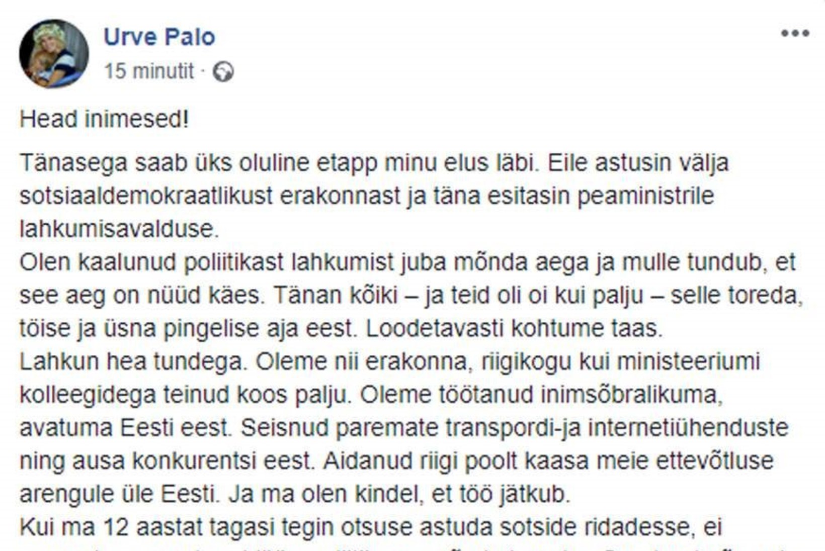 Minister Urve Palo lahkus erakonnast ja astub ministrikohalt tagasi