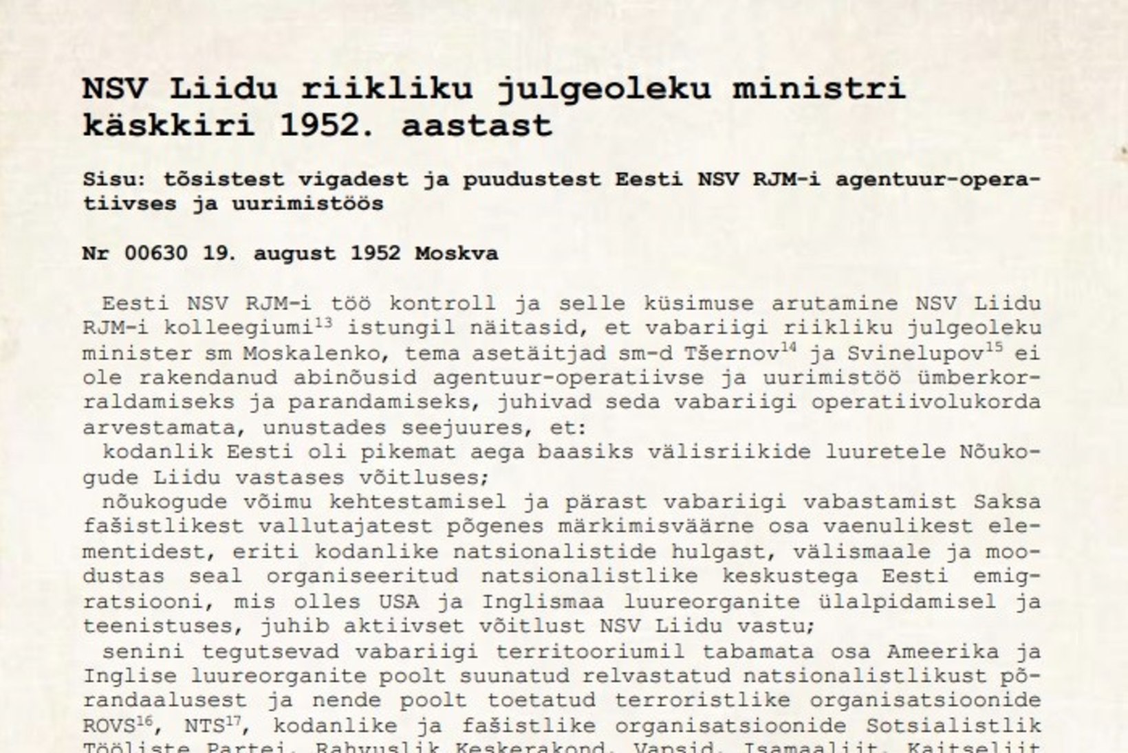KAPO AASTARAAMAT | NSV Liidu riikliku julgeoleku ministri 1950. aastate käskkirjad suunasid rünnakut metsavendade vastu
